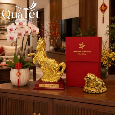 Tượng ngựa phong thủy phối cảnh cùng hoa lan và thiềm thừ trong không gian phòng khách
