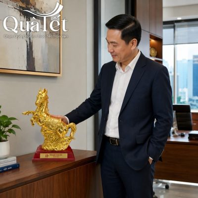 Tượng ngựa dát vàng được trưng bày trang trọng tại văn phòng làm việc của doanh nhân