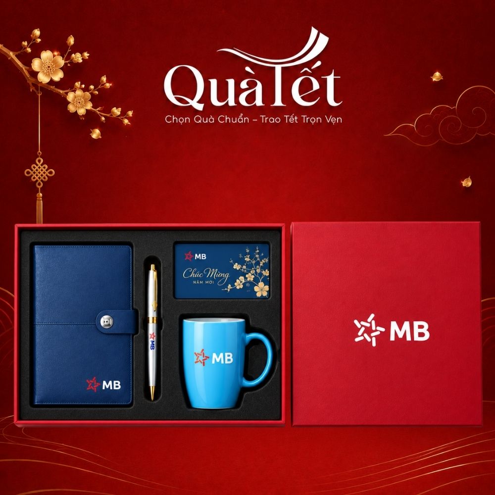 Bộ giftset quà Tết doanh nghiệp in logo sổ da, bút ký và cốc sứ QT-GS07