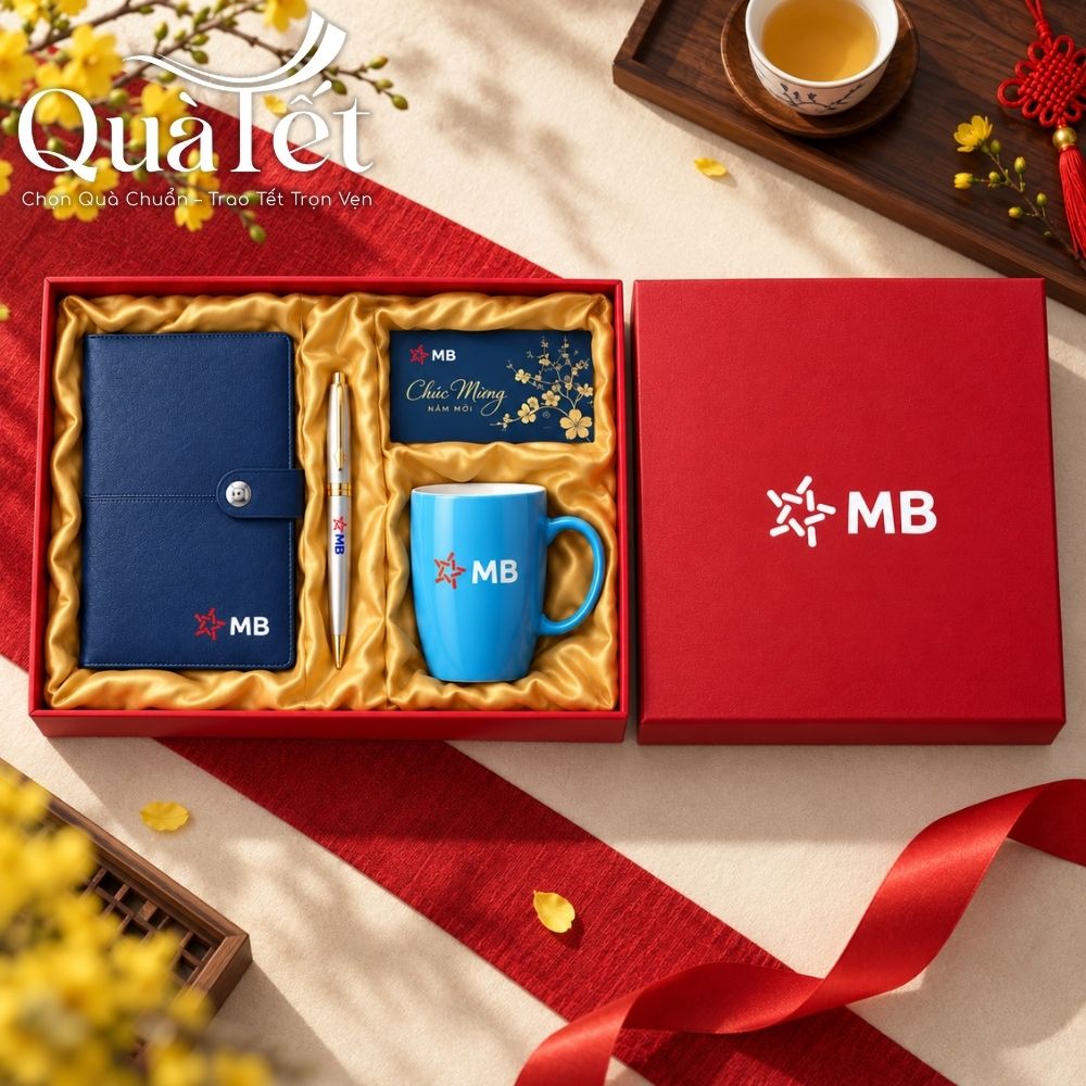 Bộ giftset quà Tết doanh nghiệp in logo sổ da, bút ký và cốc sứ QT-GS07 - Ảnh 2