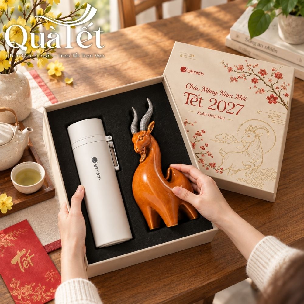 Set Quà Tặng Tượng Dê Bát Tràng Và Bình Giữ Nhiệt