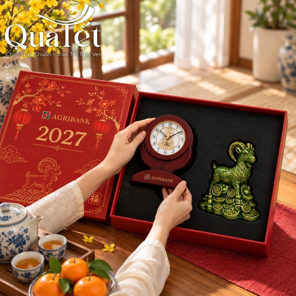 Bộ Giftset Cát Tường Tượng Dê Và Đồng Hồ Để Bàn In Logo