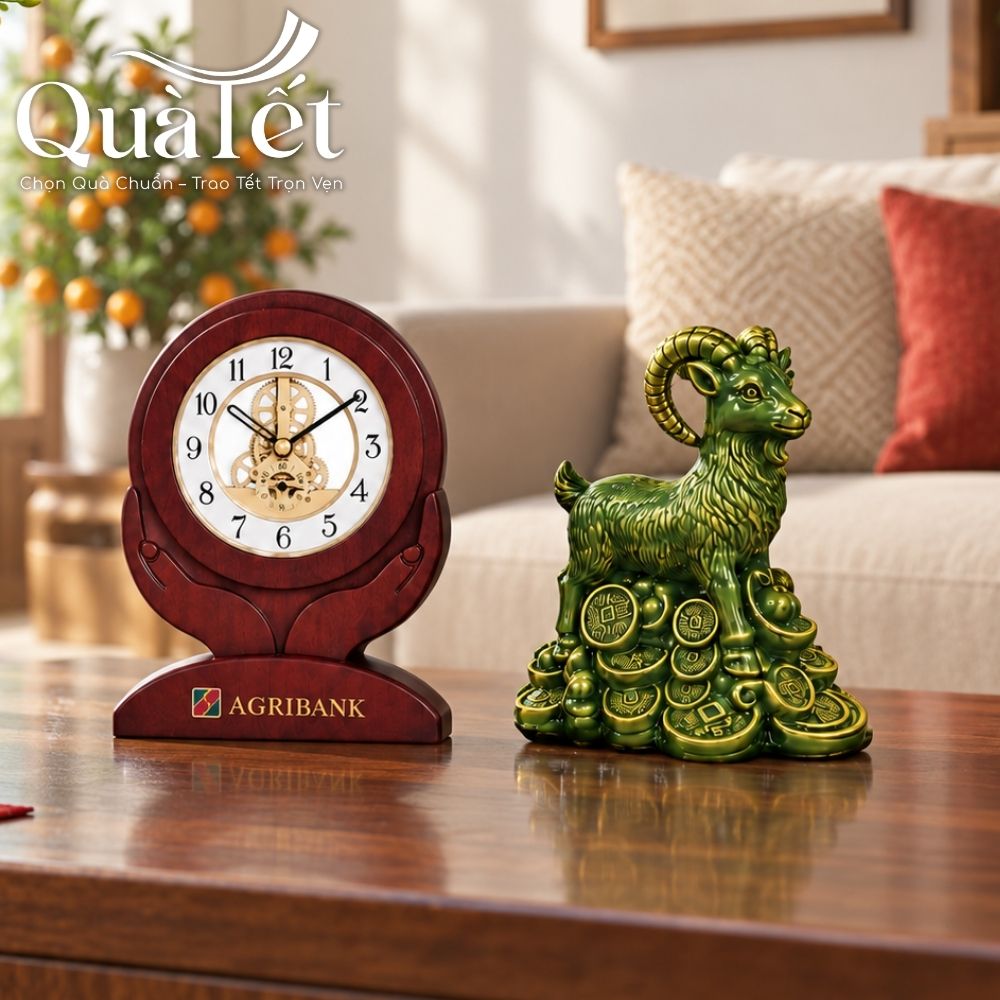 Bộ Giftset Cát Tường Tượng Dê Và Đồng Hồ Để Bàn In Logo