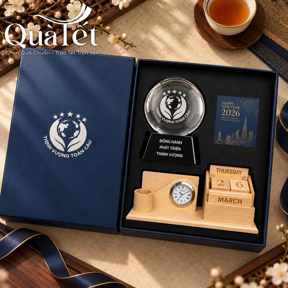Giftset quà tặng Cát Vận Khai Xuân kỷ niệm chương cầu pha lê và lịch gỗ để bàn in logo QT-GS10 - Ảnh 2