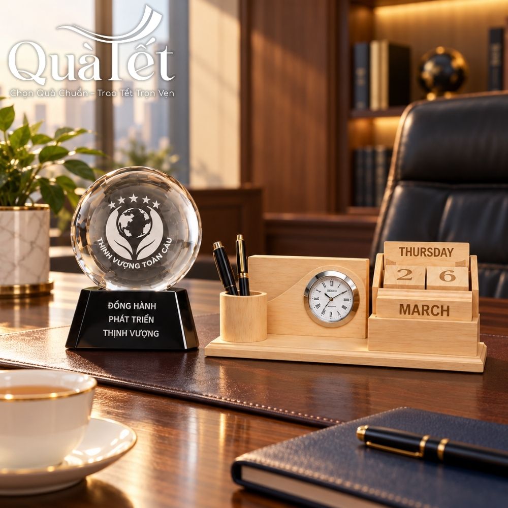 Giftset quà tặng Cát Vận Khai Xuân kỷ niệm chương cầu pha lê và lịch gỗ để bàn in logo QT-GS10 - Ảnh 6