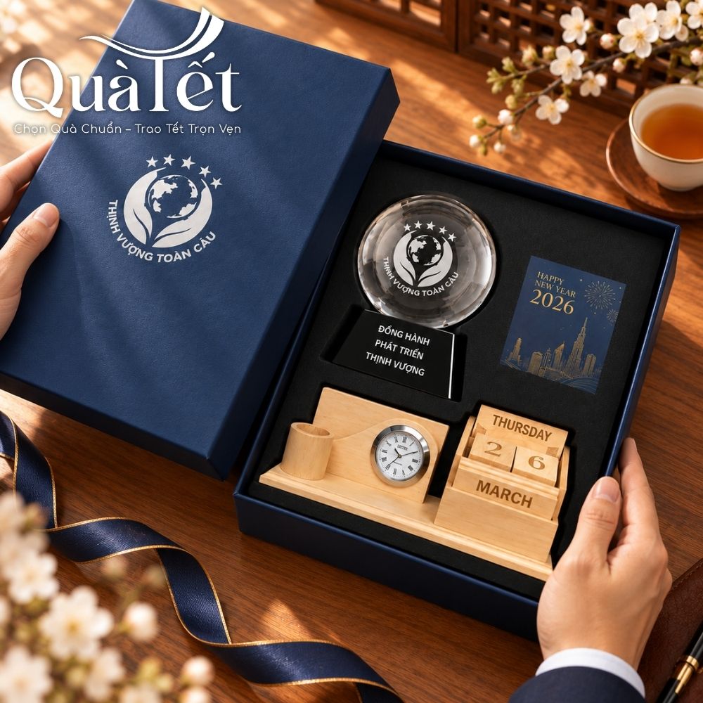 Giftset quà tặng Cát Vận Khai Xuân kỷ niệm chương cầu pha lê và lịch gỗ để bàn in logo QT-GS10 - Ảnh 5