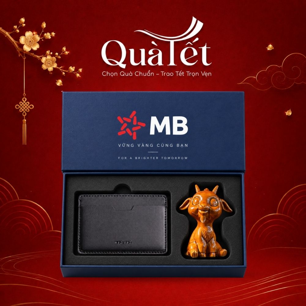 Giftset quà Tết doanh nghiệp tượng dê linh vật và ví da Trita in logo QT-GS11
