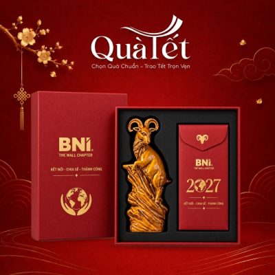 Set quà Tết in logo “Dương Khởi Tài Lộc” tượng dê linh vật và bao lì xì QT-GS12