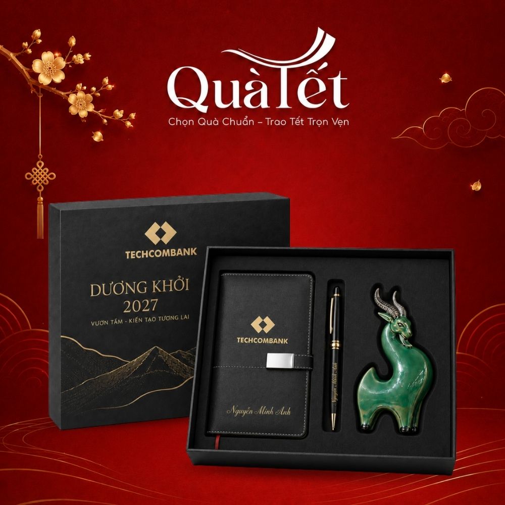 Set quà Tết văn phòng in logo sổ da, bút ký và tượng dê linh vật QT-GS08