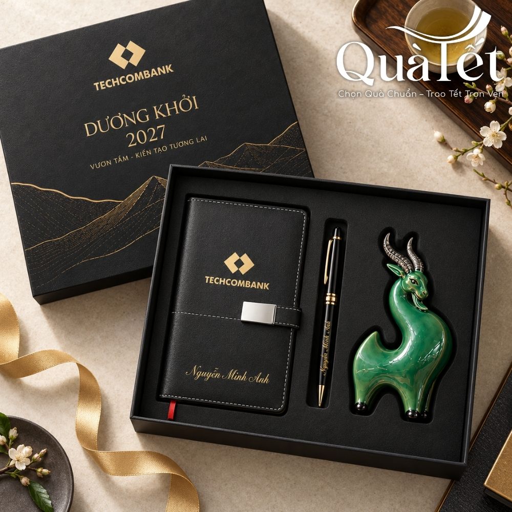 Set quà Tết văn phòng in logo sổ da, bút ký và tượng dê linh vật QT-GS08 - Ảnh 2