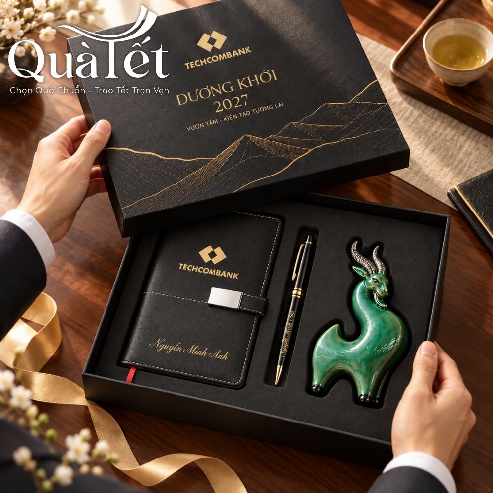 Set quà Tết văn phòng in logo sổ da, bút ký và tượng dê linh vật QT-GS08 - Ảnh 7