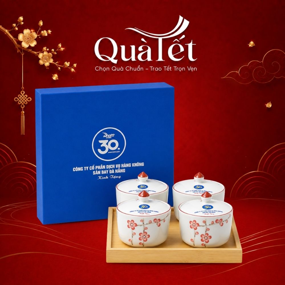 Bộ 4 hũ mứt gốm sứ tròn vẽ hoa đào hồng quà tặng Tết QT-KM08