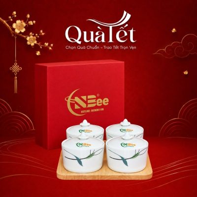 Bộ 4 hũ mứt sứ quà tặng Tết dáng tròn vẽ cành trúc QT-KM09