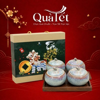 Bộ 4 hũ mứt sứ Tết quà tặng dáng quả bí men hỏa biến xanh tím QT-KM07