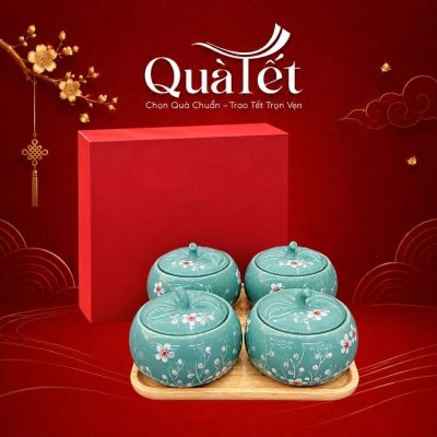 Bộ 4 hũ mứt sứ Tết quà tặng dáng quả bí men ngọc vẽ hoa đào trắng QT-KM06