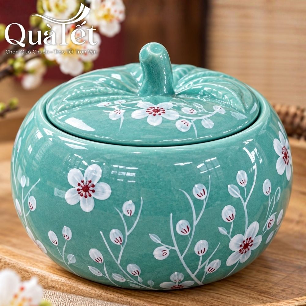 Bộ 4 hũ mứt sứ Tết quà tặng dáng quả bí men ngọc vẽ hoa đào trắng QT-KM06 - Ảnh 3