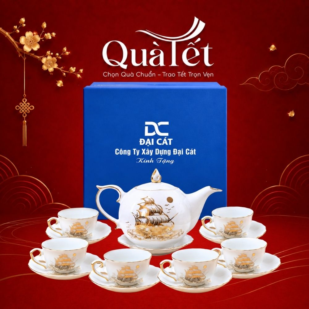 Bộ ấm chén dáng bưởi lửa họa tiết Thuận Buồm Xuôi Gió vẽ vàng quà tặng Tết QT-AC07