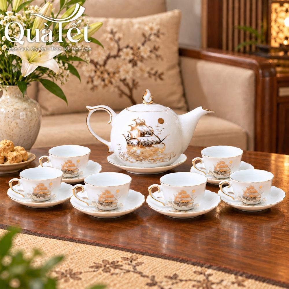 Bộ ấm chén dáng bưởi lửa họa tiết Thuận Buồm Xuôi Gió vẽ vàng quà tặng Tết QT-AC07 - Ảnh 11