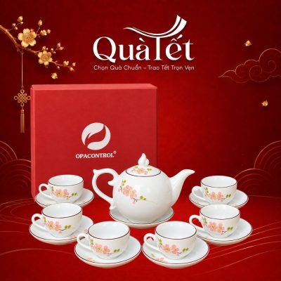 Bộ ấm chén gốm sứ in logo họa tiết đào hồng vẽ tay quà tặng Tết QT-AC05