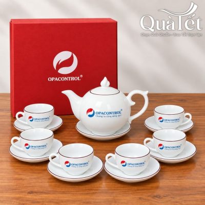Alternative view of Bộ ấm chén gốm sứ in logo họa tiết đào hồng vẽ tay quà tặng Tết QT-AC05