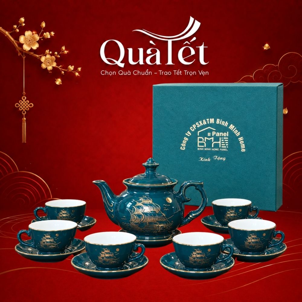 Bộ ấm chén quà tặng Tết men xanh dáng đài cát Thuận Buồm Xuôi Gió vàng kim QT-AC10