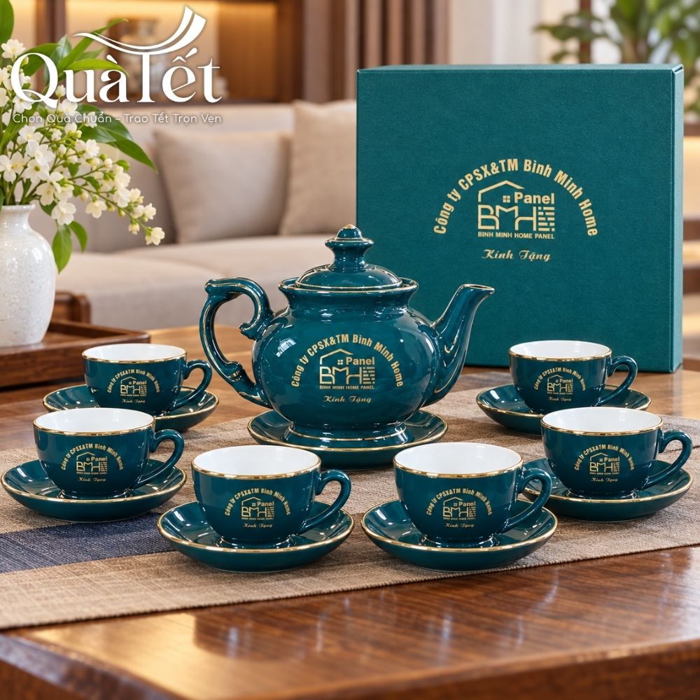 Bộ ấm chén quà tặng Tết men xanh dáng đài cát Thuận Buồm Xuôi Gió vàng kim QT-AC10 - Ảnh 2