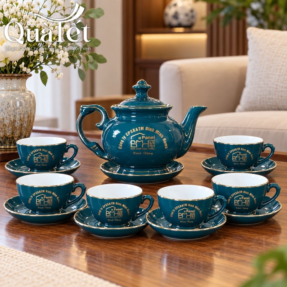 Bộ ấm chén quà tặng Tết men xanh dáng đài cát Thuận Buồm Xuôi Gió vàng kim QT-AC10 - Ảnh 11