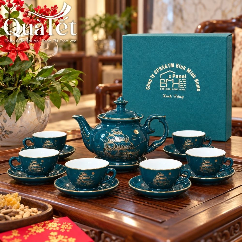 Bộ ấm chén quà tặng Tết men xanh dáng đài cát Thuận Buồm Xuôi Gió vàng kim QT-AC10 - Ảnh 9