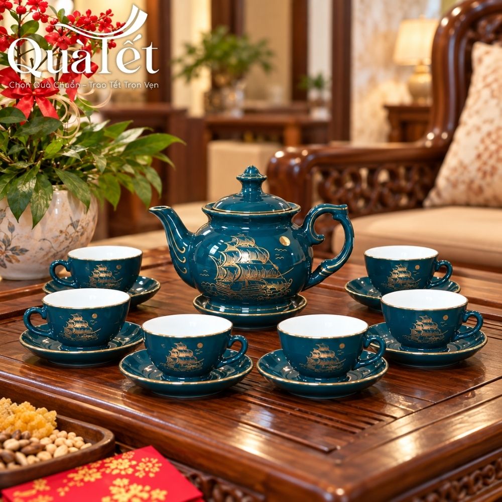 Bộ ấm chén quà tặng Tết men xanh dáng đài cát Thuận Buồm Xuôi Gió vàng kim QT-AC10 - Ảnh 10