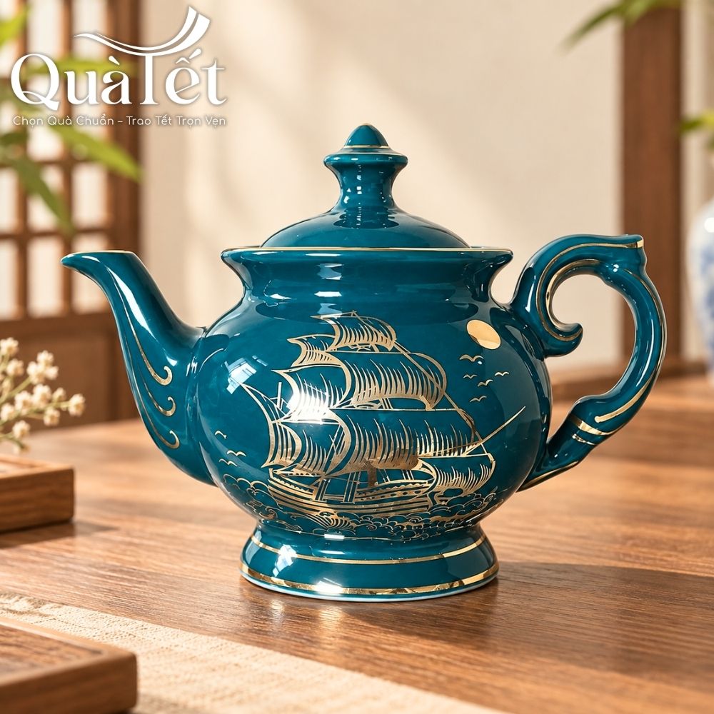Bộ ấm chén quà tặng Tết men xanh dáng đài cát Thuận Buồm Xuôi Gió vàng kim QT-AC10 - Ảnh 3