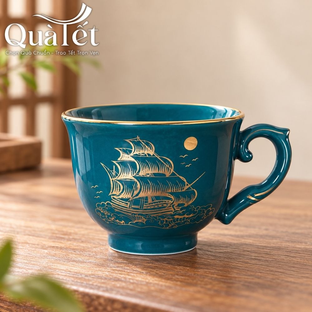 Bộ ấm chén quà tặng Tết men xanh dáng đài cát Thuận Buồm Xuôi Gió vàng kim QT-AC10 - Ảnh 4