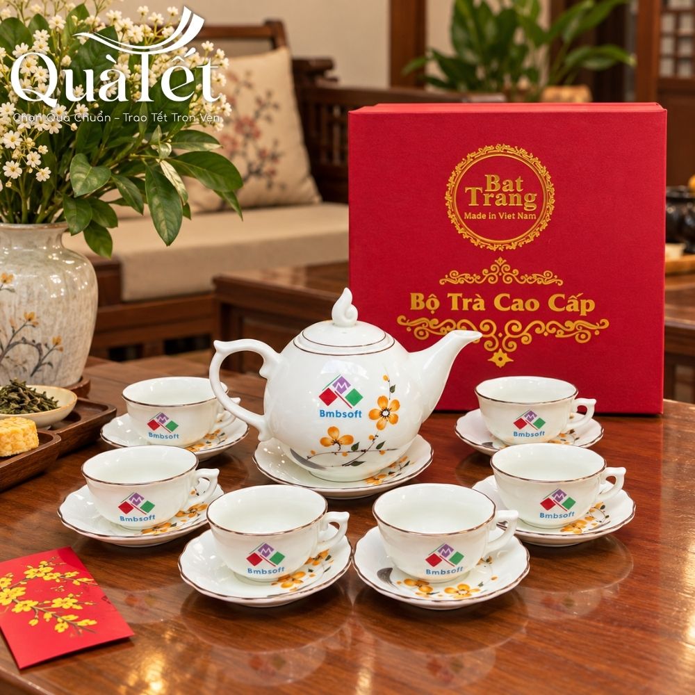 Bộ ấm chén trà in logo dáng bưởi lửa vẽ hoa mai vàng quà tặng Tết QT-AC06 - Ảnh 2
