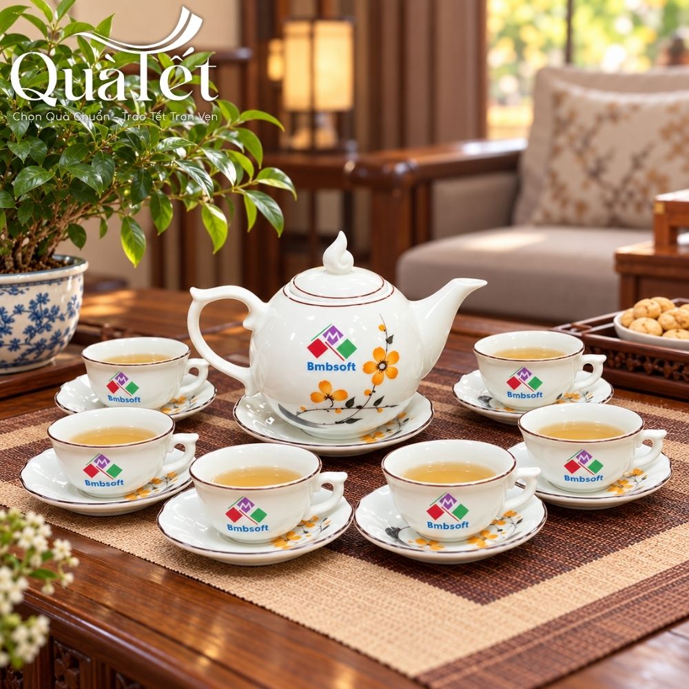 Bộ ấm chén trà in logo dáng bưởi lửa vẽ hoa mai vàng quà tặng Tết QT-AC06 - Ảnh 12