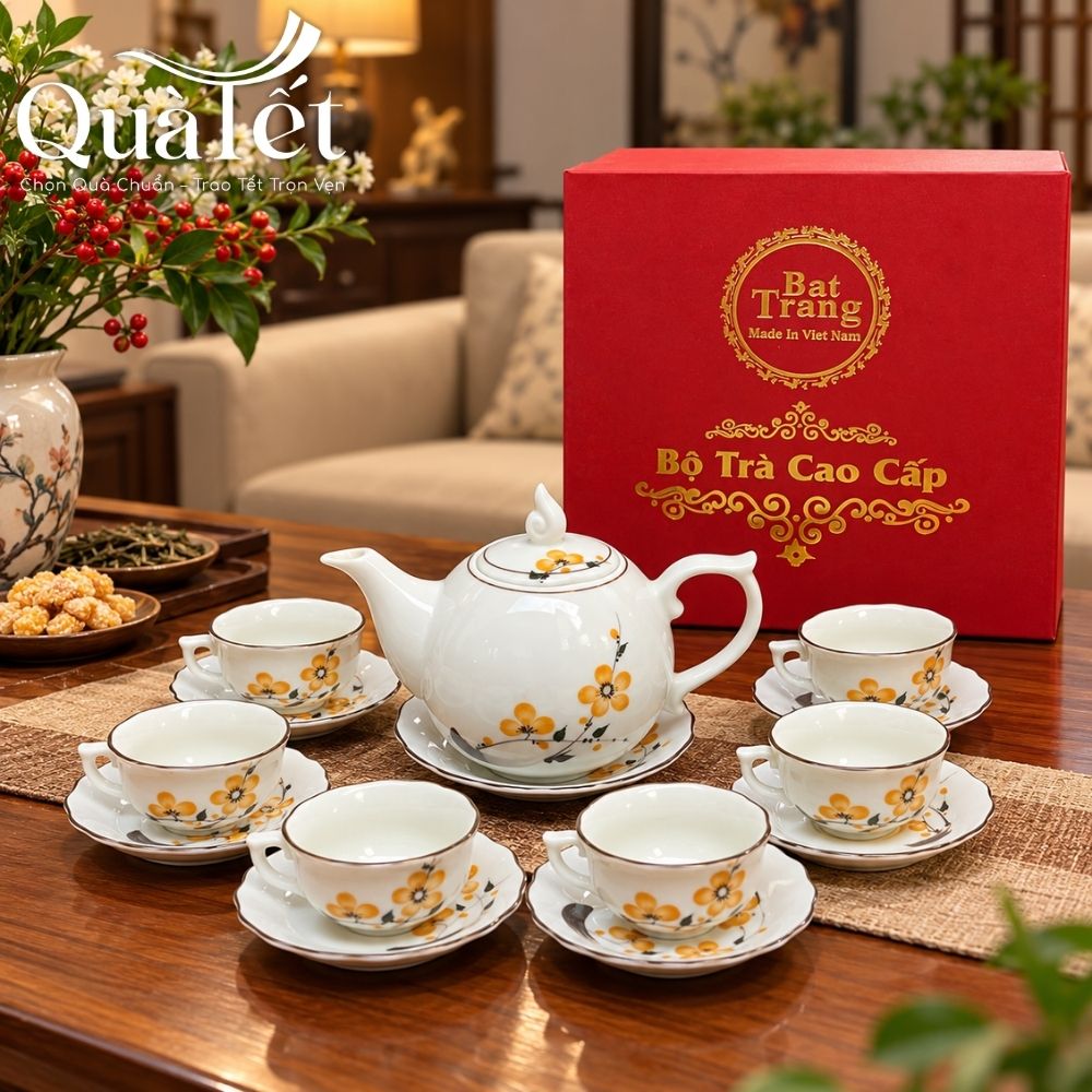Bộ ấm chén trà in logo dáng bưởi lửa vẽ hoa mai vàng quà tặng Tết QT-AC06 - Ảnh 3