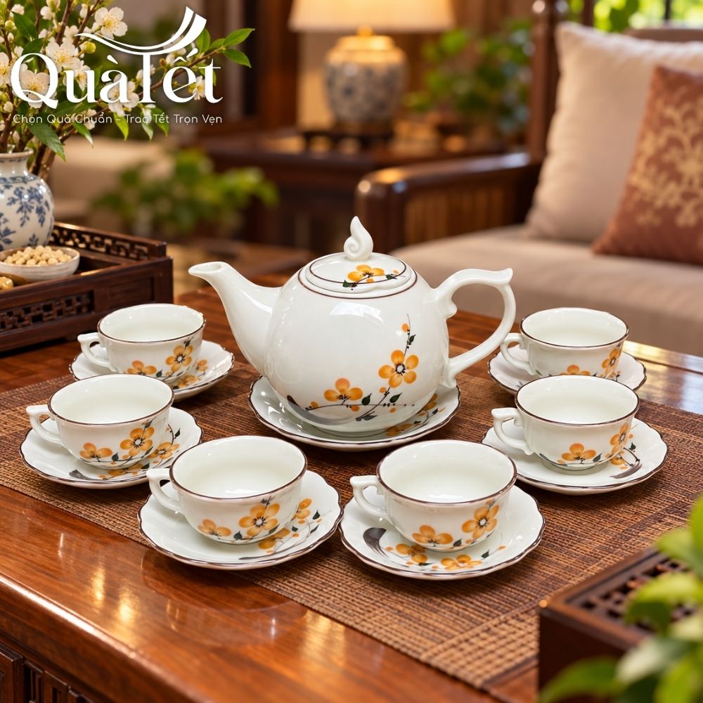 Bộ ấm chén trà in logo dáng bưởi lửa vẽ hoa mai vàng quà tặng Tết QT-AC06 - Ảnh 11