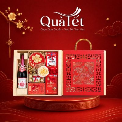 Giỏ bánh kẹo quà Tết cao cấp hộp gỗ vải gấm phong cảnh cổ truyền QT-SQ10
