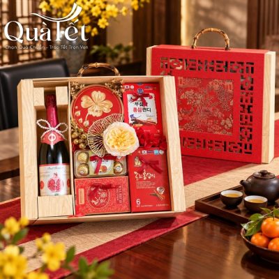 Alternative view of Giỏ bánh kẹo quà Tết cao cấp hộp gỗ vải gấm phong cảnh cổ truyền QT-SQ10