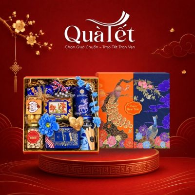 Giỏ quà bánh kẹo rượu Tết cao cấp hộp Khổng Tước Phú Quý QT-SQ09