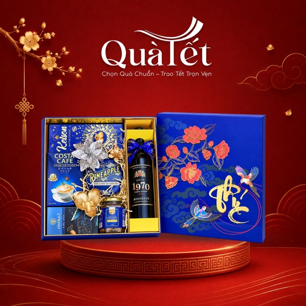 Giỏ quà bánh kẹo rượu Tết cao cấp hộp Phúc Khởi Tân Xuân QT-SQ08