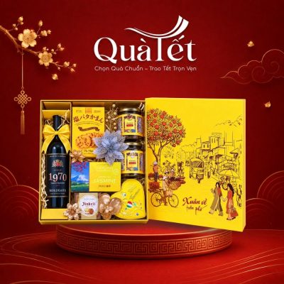 Giỏ quà tặng bánh kẹo rượu Tết cao cấp hộp Xuân Về Trên Phố QT-SQ07