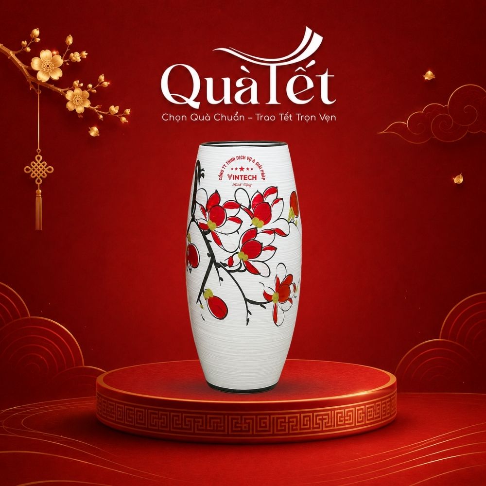 Lọ hoa gốm sứ in logo dáng bom men xước vẽ hoa mộc lan quà tặng Tết QT-LH05