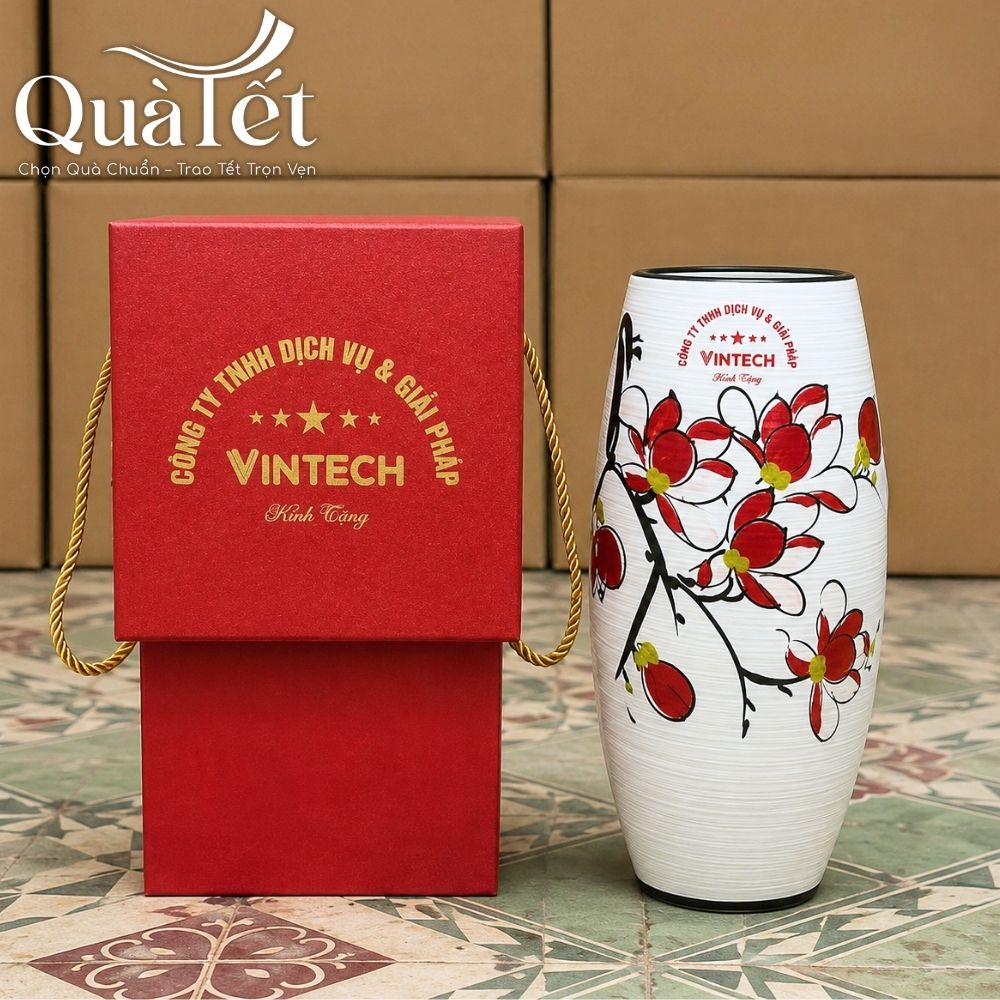 Lọ hoa gốm sứ in logo dáng bom men xước vẽ hoa mộc lan quà tặng Tết QT-LH05 - Ảnh 2