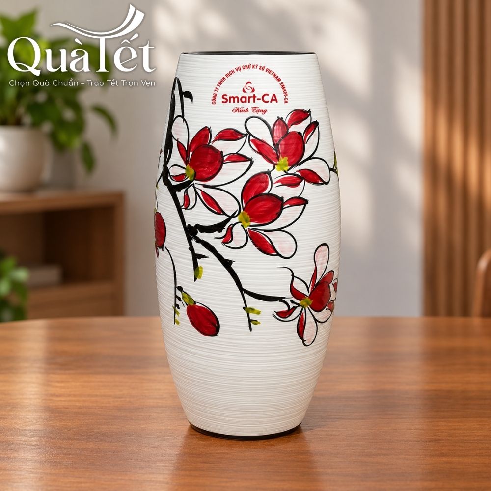 Lọ hoa gốm sứ in logo dáng bom men xước vẽ hoa mộc lan quà tặng Tết QT-LH05 - Ảnh 3