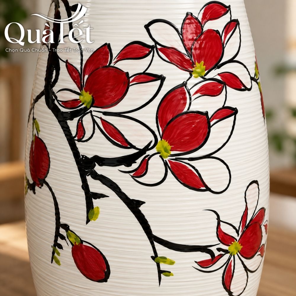 Lọ hoa gốm sứ in logo dáng bom men xước vẽ hoa mộc lan quà tặng Tết QT-LH05 - Ảnh 8