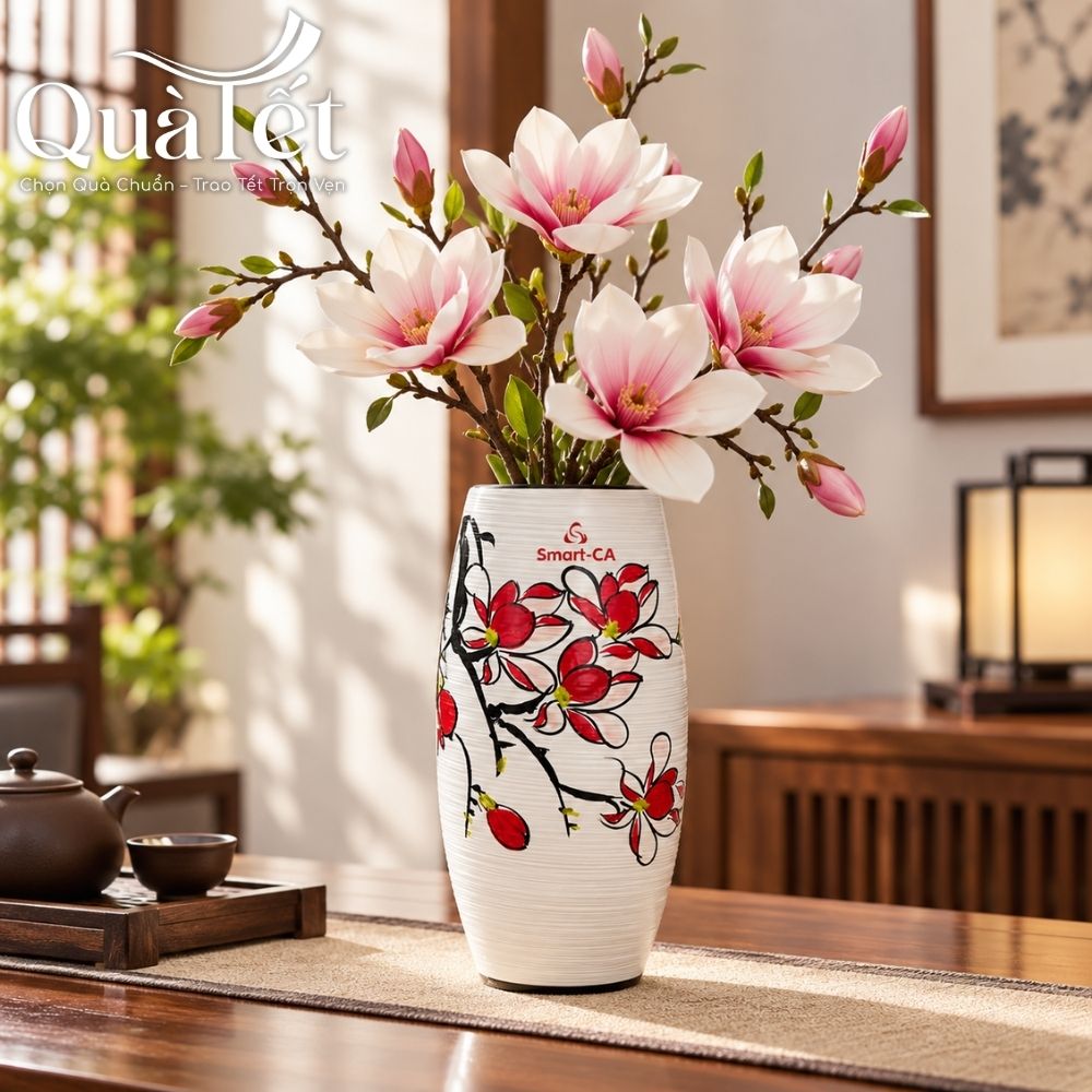 Lọ hoa gốm sứ in logo dáng bom men xước vẽ hoa mộc lan quà tặng Tết QT-LH05 - Ảnh 5