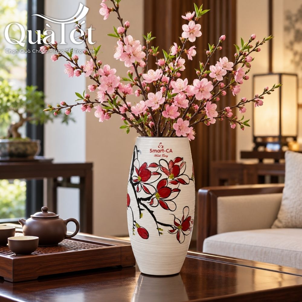 Lọ hoa gốm sứ in logo dáng bom men xước vẽ hoa mộc lan quà tặng Tết QT-LH05 - Ảnh 4