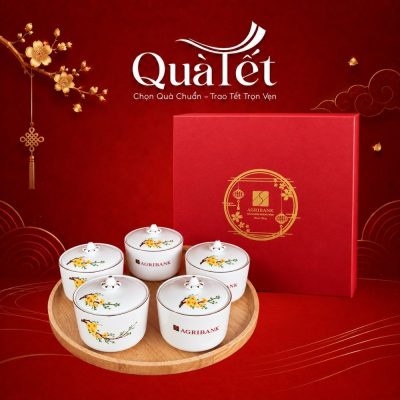 Set 5 hũ mứt sứ Tết in logo quà tặng dáng tròn vẽ hoa mai vàng QT-KM10